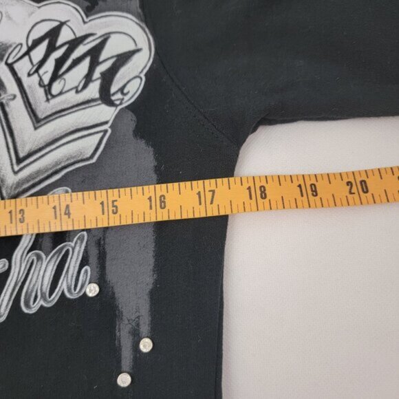 METAL MULISHA Womens Hoodie Sz SMALL Full Zip BLACK Skull Wings Goth Rhinestone - Picture 9 of 13